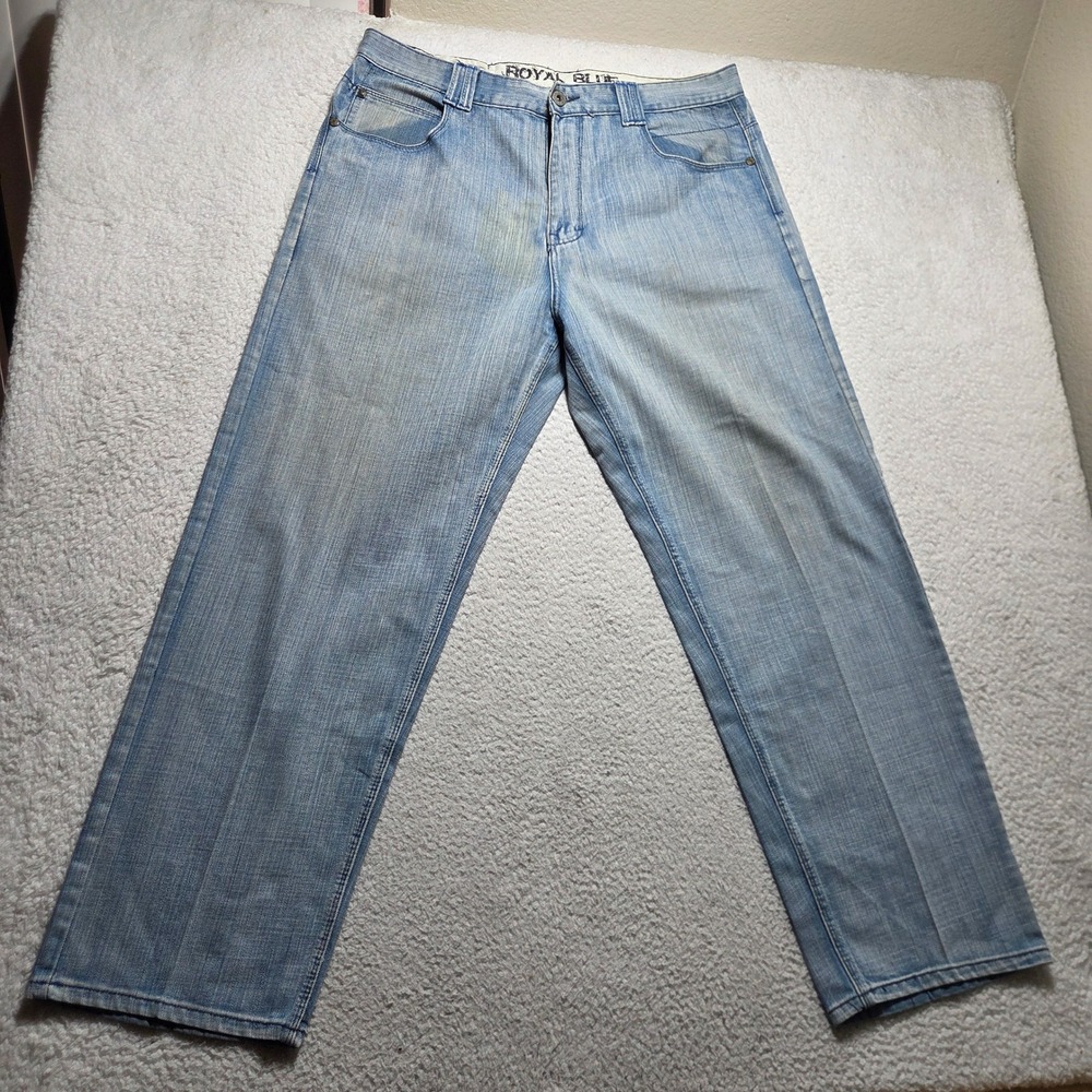 Royal Blue Jeans Men 38x32 Light Wash Baggy Wide Leg Y2K Hip Hop Streetwear